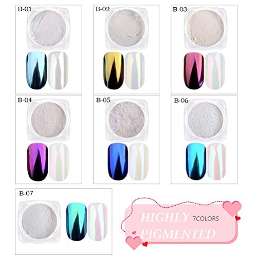 7 Colors Chrome Nail Powder Set - White Pearl Iridescent Aurora Metallic Mirror Effect Dip Nail Powder Kit for Gel Polish Holographic Mermaid Pigment, Resin Craft, Nails Art Gift for Women - görsel 10