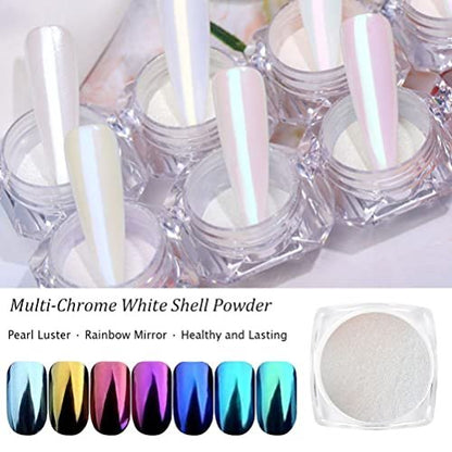 7 Colors Chrome Nail Powder Set - White Pearl Iridescent Aurora Metallic Mirror Effect Dip Nail Powder Kit for Gel Polish Holographic Mermaid Pigment, Resin Craft, Nails Art Gift for Women