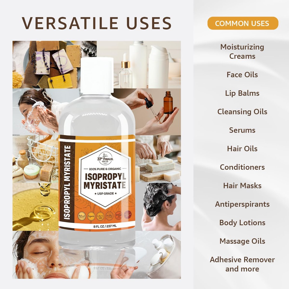 ISOPROPYL MYRISTATE (8 oz) - Natural Plant Derived Cosmetic Grade IPM for Soap Making, Fragrances, Shampoo, Creams & Lotions, Makeup & Adhesive Remover, Antiperspirants & Deodorants | 8 Ounces Avelisse