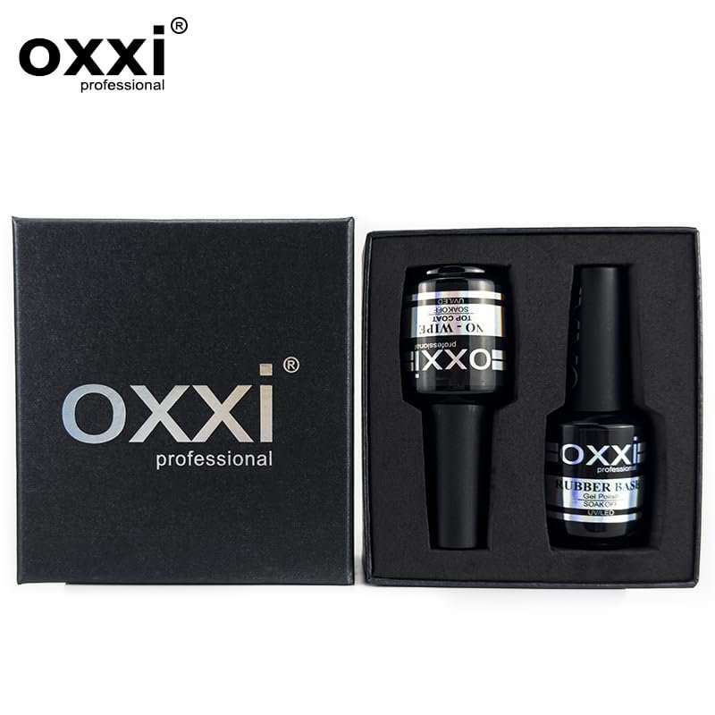 OXXI Professional Rubber Base & No Wipe Top Coat Gel Nail Polish Set - 2x15ml Self-Leveling Base and High-Gloss Wear-Resistant Top Coat Gift Box Salon Starter Kit Avelisse
