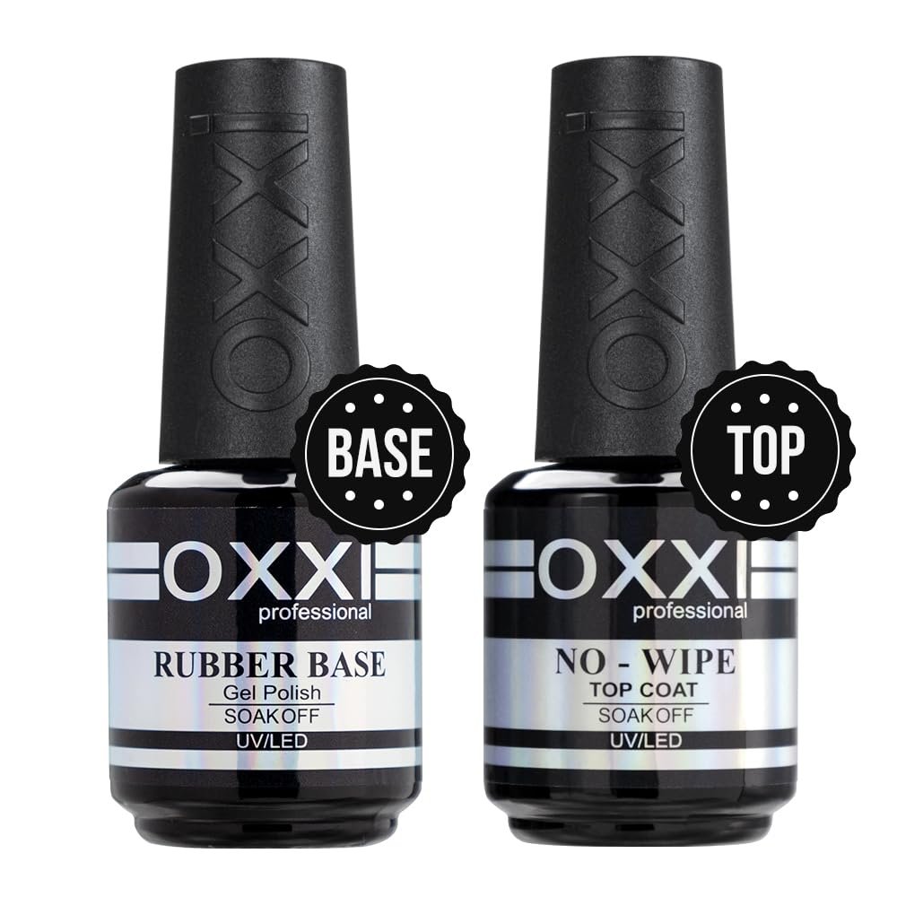 OXXI Professional Rubber Base & No Wipe Top Coat Gel Nail Polish Set - 2x15ml Self-Leveling Base and High-Gloss Wear-Resistant Top Coat Gift Box Salon Starter Kit Avelisse