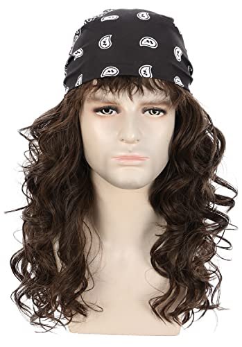 karlery Men Long Brown Wave Wig with Bandana 80s Heavy Metal Punk Rocker Costume Wig for Halloween Cosplay Party - görsel 12