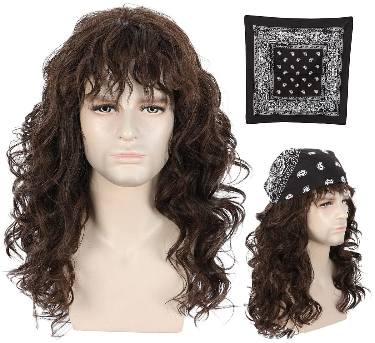 karlery Men Long Brown Wave Wig with Bandana 80s Heavy Metal Punk Rocker Costume Wig for Halloween Cosplay Party - görsel 1