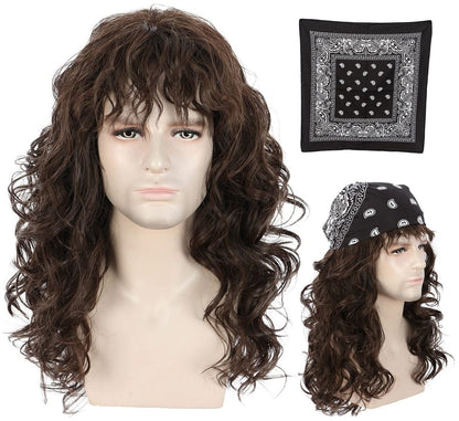 karlery Men Long Brown Wave Wig with Bandana 80s Heavy Metal Punk Rocker Costume Wig for Halloween Cosplay Party