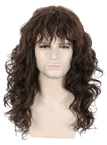 karlery Men Long Brown Wave Wig with Bandana 80s Heavy Metal Punk Rocker Costume Wig for Halloween Cosplay Party