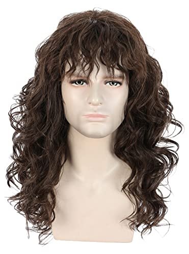karlery Men Long Brown Wave Wig with Bandana 80s Heavy Metal Punk Rocker Costume Wig for Halloween Cosplay Party - görsel 4