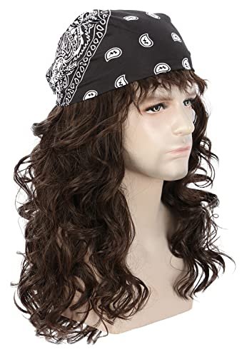 karlery Men Long Brown Wave Wig with Bandana 80s Heavy Metal Punk Rocker Costume Wig for Halloween Cosplay Party
