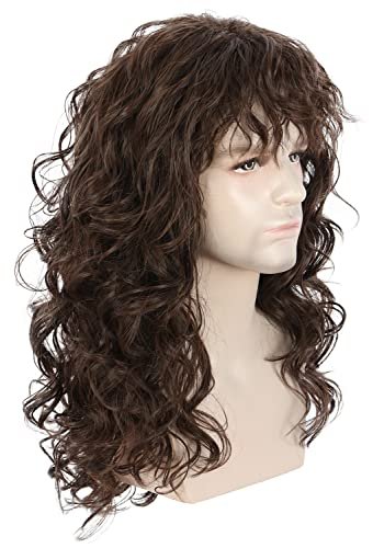 karlery Men Long Brown Wave Wig with Bandana 80s Heavy Metal Punk Rocker Costume Wig for Halloween Cosplay Party