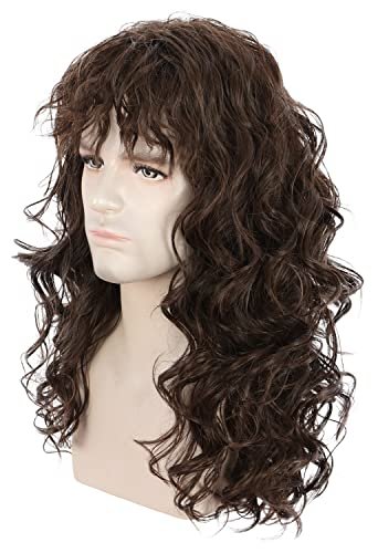 karlery Men Long Brown Wave Wig with Bandana 80s Heavy Metal Punk Rocker Costume Wig for Halloween Cosplay Party - görsel 8