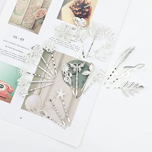 Lawie Vintage Retro Butterfly Flower Silver Metal Hair Accessories - 40 Pack Decorative Bobby Pins, Barrettes, Hair Clips & Fine Hair Holders for Women & Girls - görsel 12