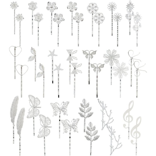 Lawie Vintage Retro Butterfly Flower Silver Metal Hair Accessories - 40 Pack Decorative Bobby Pins, Barrettes, Hair Clips & Fine Hair Holders for Women & Girls