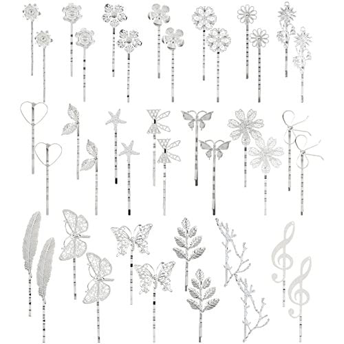 Lawie Vintage Retro Butterfly Flower Silver Metal Hair Accessories - 40 Pack Decorative Bobby Pins, Barrettes, Hair Clips & Fine Hair Holders for Women & Girls - görsel 2