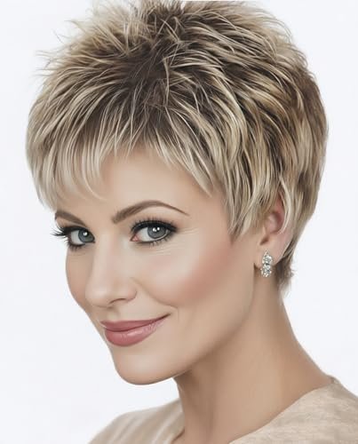 SEVENCOLORS Short Pixie Cut Wig - Blonde with Dark Roots, Synthetic Hair for Women Avelisse