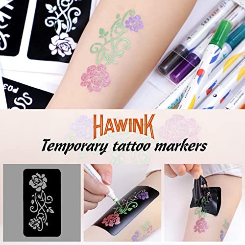 HAWINK Temporary Tattoo Markers for Skin: 10 Body Markers + 56 Large Tattoo Stencils, Dual-End Pens for Bold & Fine Lines - görsel 8