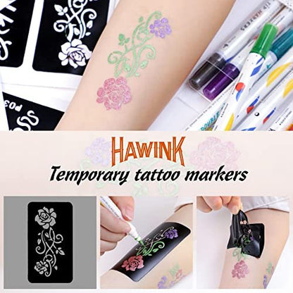 HAWINK Temporary Tattoo Markers for Skin: 10 Body Markers + 56 Large Tattoo Stencils, Dual-End Pens for Bold & Fine Lines