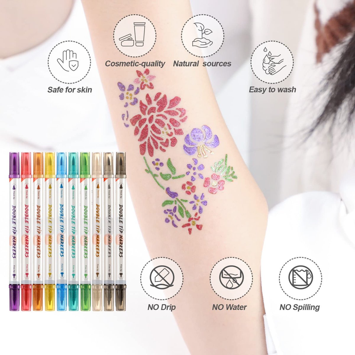 HAWINK Temporary Tattoo Markers for Skin: 10 Body Markers + 56 Large Tattoo Stencils, Dual-End Pens for Bold & Fine Lines - görsel 13