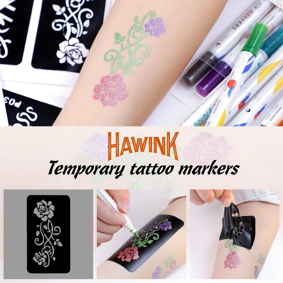 HAWINK Temporary Tattoo Markers for Skin: 10 Body Markers + 56 Large Tattoo Stencils, Dual-End Pens for Bold & Fine Lines - görsel 7