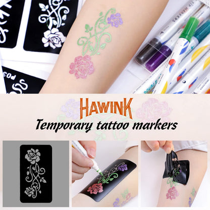 HAWINK Temporary Tattoo Markers for Skin: 10 Body Markers + 56 Large Tattoo Stencils, Dual-End Pens for Bold & Fine Lines