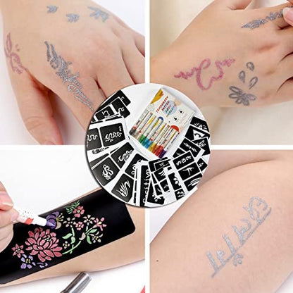 HAWINK Temporary Tattoo Markers for Skin: 10 Body Markers + 56 Large Tattoo Stencils, Dual-End Pens for Bold & Fine Lines