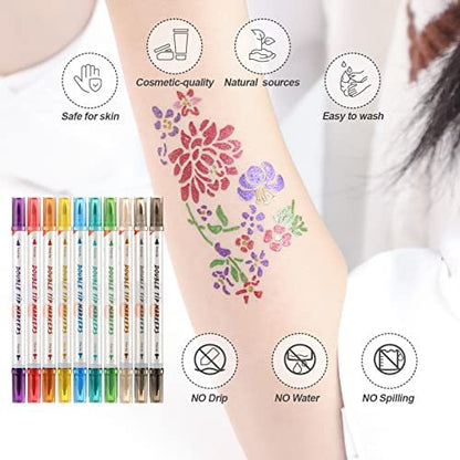 HAWINK Temporary Tattoo Markers for Skin: 10 Body Markers + 56 Large Tattoo Stencils, Dual-End Pens for Bold & Fine Lines