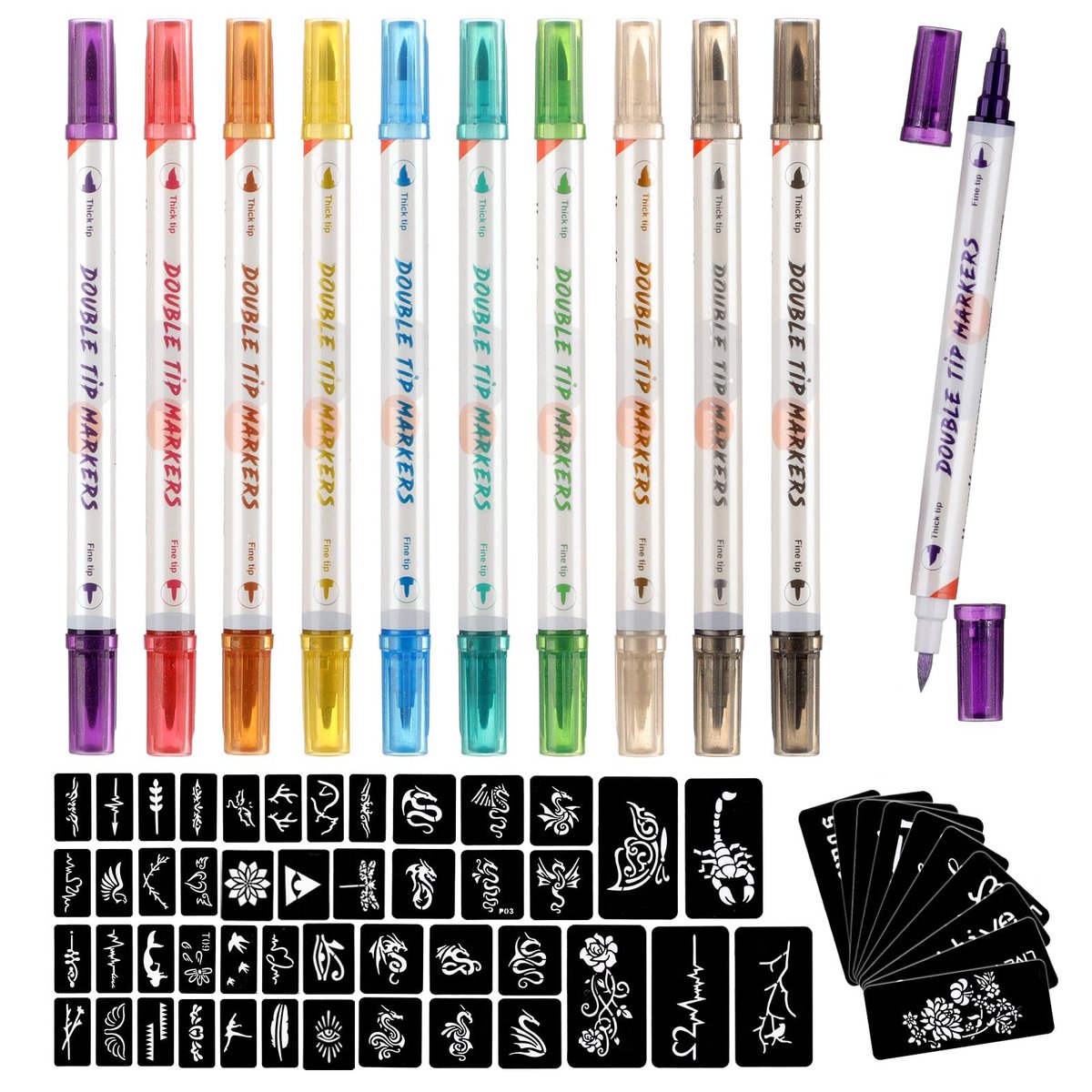 HAWINK Temporary Tattoo Markers for Skin: 10 Body Markers + 56 Large Tattoo Stencils, Dual-End Pens for Bold & Fine Lines - görsel 1