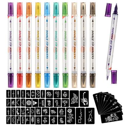 HAWINK Temporary Tattoo Markers for Skin: 10 Body Markers + 56 Large Tattoo Stencils, Dual-End Pens for Bold & Fine Lines