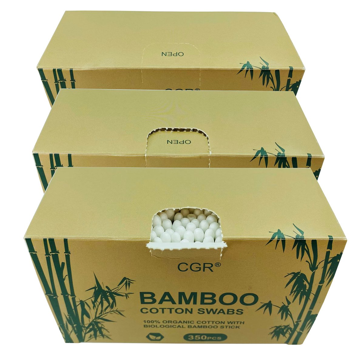 CGR 1050pcs Organic Cotton Swabs - 100% Cotton Double-Tipped with Compostable Bamboo Sticks - Travel Pack (3 Pack of 350 Swabs Total) - görsel 3