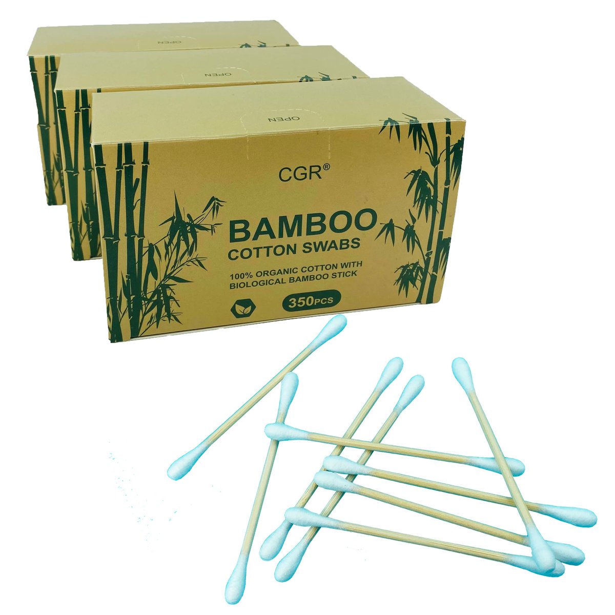 CGR 1050pcs Organic Cotton Swabs - 100% Cotton Double-Tipped with Compostable Bamboo Sticks - Travel Pack (3 Pack of 350 Swabs Total) - görsel 11
