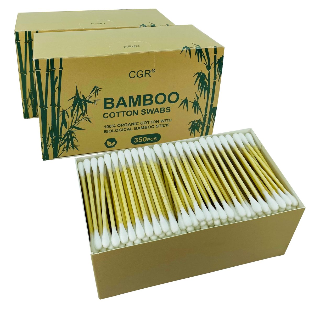 CGR 1050pcs Organic Cotton Swabs - 100% Cotton Double-Tipped with Compostable Bamboo Sticks - Travel Pack (3 Pack of 350 Swabs Total) - görsel 1