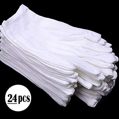 24 Pcs (12 Pair) White Cotton Gloves for Dry Hand Moisturizing, Cosmetic Eczema Hand Spa, Coin Jewelry Inspection, Checking and Serving - Stretchable Lining
