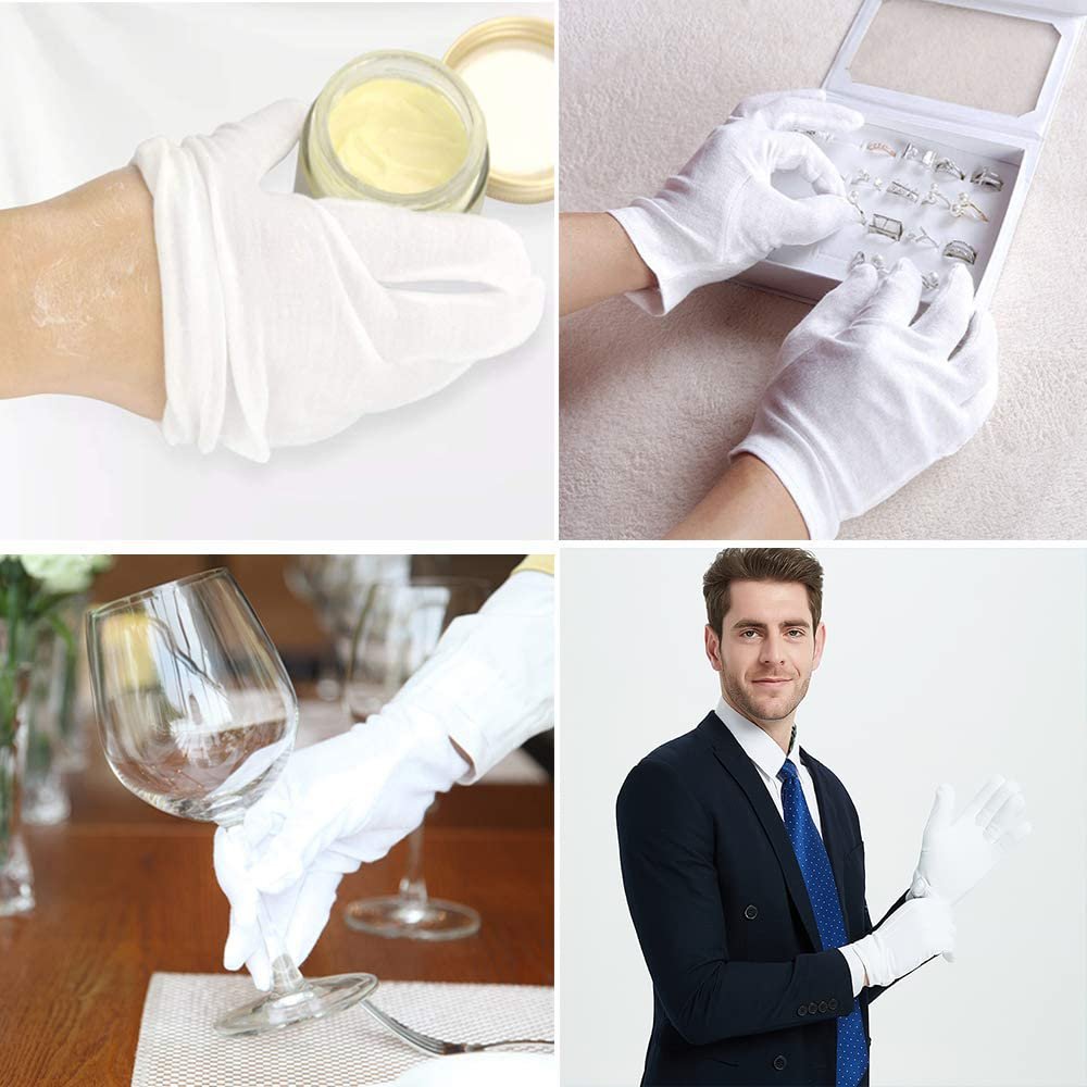24 Pcs (12 Pair) White Cotton Gloves for Dry Hand Moisturizing, Cosmetic Eczema Hand Spa, Coin Jewelry Inspection, Checking and Serving - Stretchable Lining - görsel 3