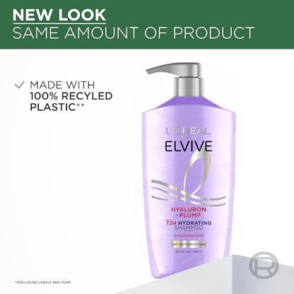 L'Oreal Paris Elvive Hyaluron Plump Hydrating Shampoo - Infused with Hyaluronic Acid for Dehydrated, Dry Hair - Paraben-Free - 26.5 Fl Oz