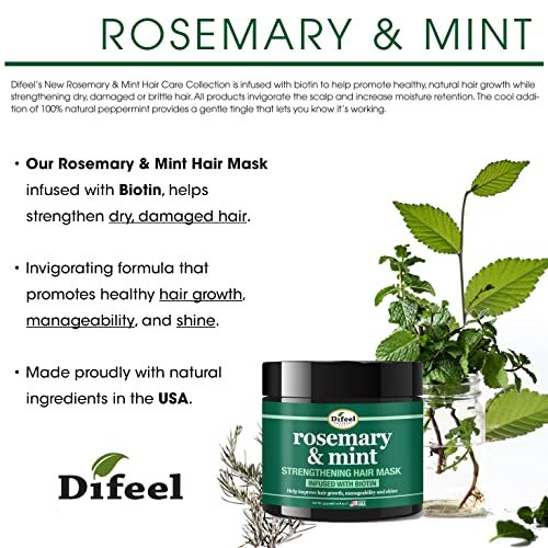 Difeel Rosemary and Mint Strengthening Hair Growth Mask with Natural Rosemary Oil and Biotin - 12 oz - görsel 3