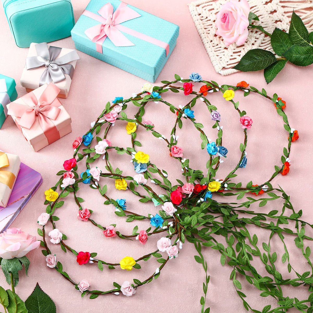 WILLBOND 48 Pcs Flower Headbands for Women - Floral Garland Headbands, Fairy Wreath, Green Leaves Flower Headband Bulk for Wedding, Festival, Holiday, Party Photography Props Avelisse