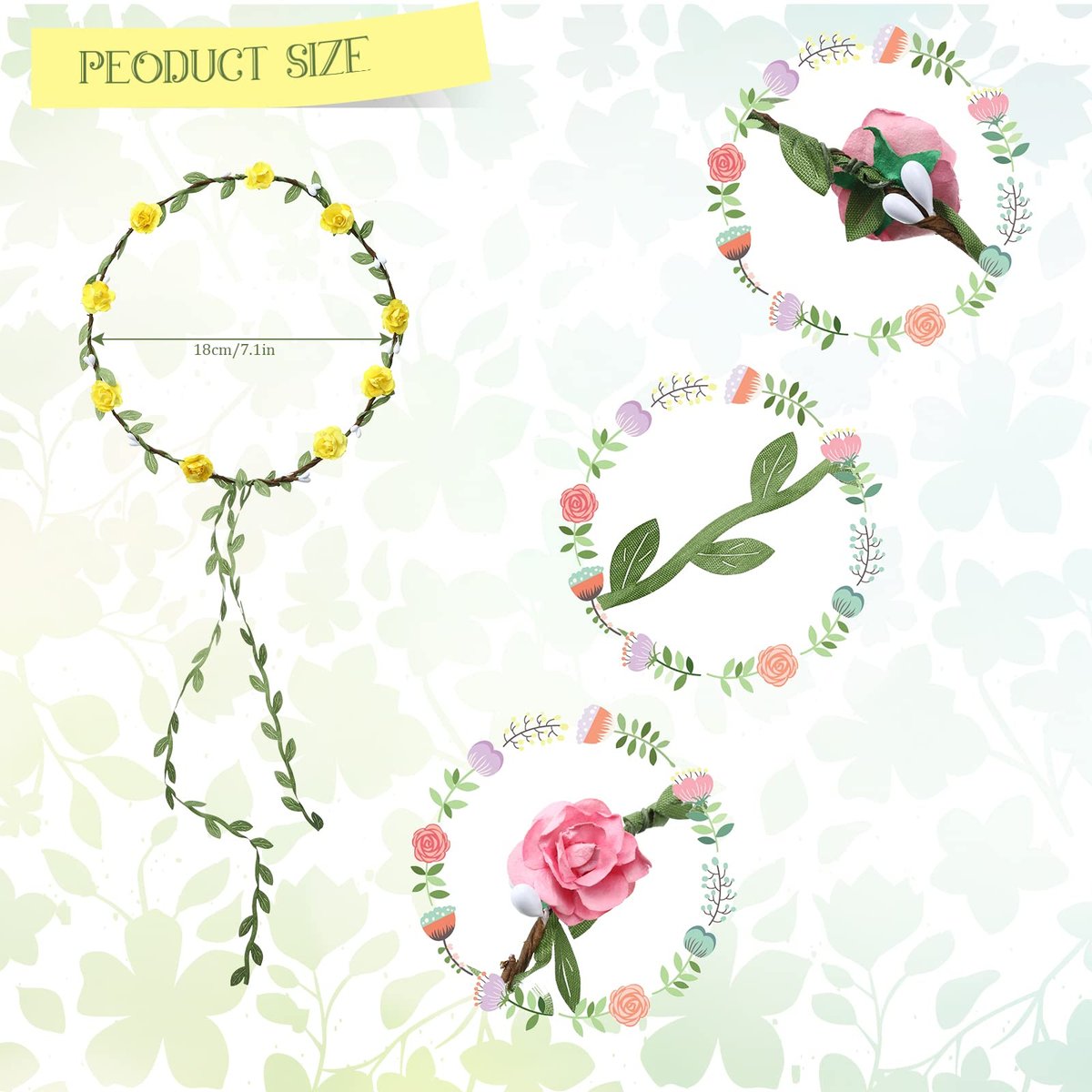 WILLBOND 48 Pcs Flower Headbands for Women - Floral Garland Headbands, Fairy Wreath, Green Leaves Flower Headband Bulk for Wedding, Festival, Holiday, Party Photography Props Avelisse