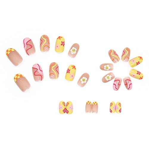 24 Pcs Flower Press on Nails Short Almond French Tips Fake Nails with Glue Stickers - Sun Flower Design, Medium Length Acrylic Nails for Women - görsel 10