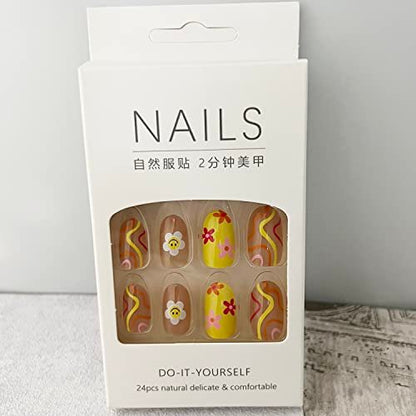 24 Pcs Flower Press on Nails Short Almond French Tips Fake Nails with Glue Stickers - Sun Flower Design, Medium Length Acrylic Nails for Women