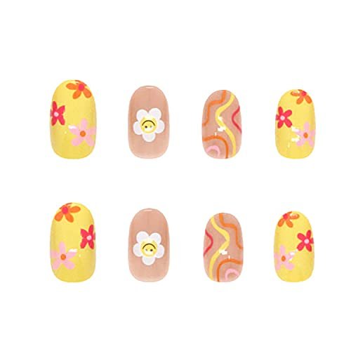 24 Pcs Flower Press on Nails Short Almond French Tips Fake Nails with Glue Stickers - Sun Flower Design, Medium Length Acrylic Nails for Women - görsel 6