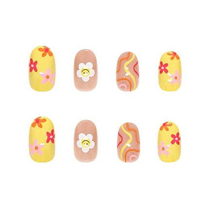 24 Pcs Flower Press on Nails Short Almond French Tips Fake Nails with Glue Stickers - Sun Flower Design, Medium Length Acrylic Nails for Women