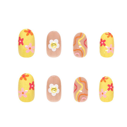 24 Pcs Flower Press on Nails Short Almond French Tips Fake Nails with Glue Stickers - Sun Flower Design, Medium Length Acrylic Nails for Women