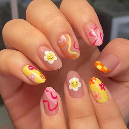 24 Pcs Flower Press on Nails Short Almond French Tips Fake Nails with Glue Stickers - Sun Flower Design, Medium Length Acrylic Nails for Women - görsel 2