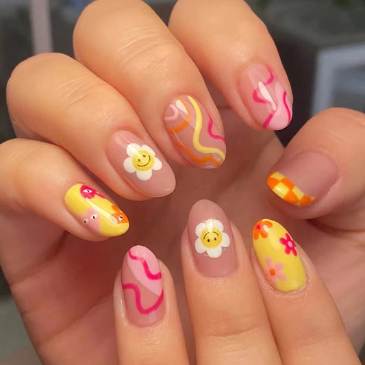 24 Pcs Flower Press on Nails Short Almond French Tips Fake Nails with Glue Stickers - Sun Flower Design, Medium Length Acrylic Nails for Women