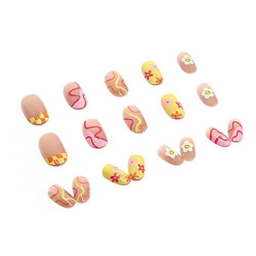 24 Pcs Flower Press on Nails Short Almond French Tips Fake Nails with Glue Stickers - Sun Flower Design, Medium Length Acrylic Nails for Women - görsel 4
