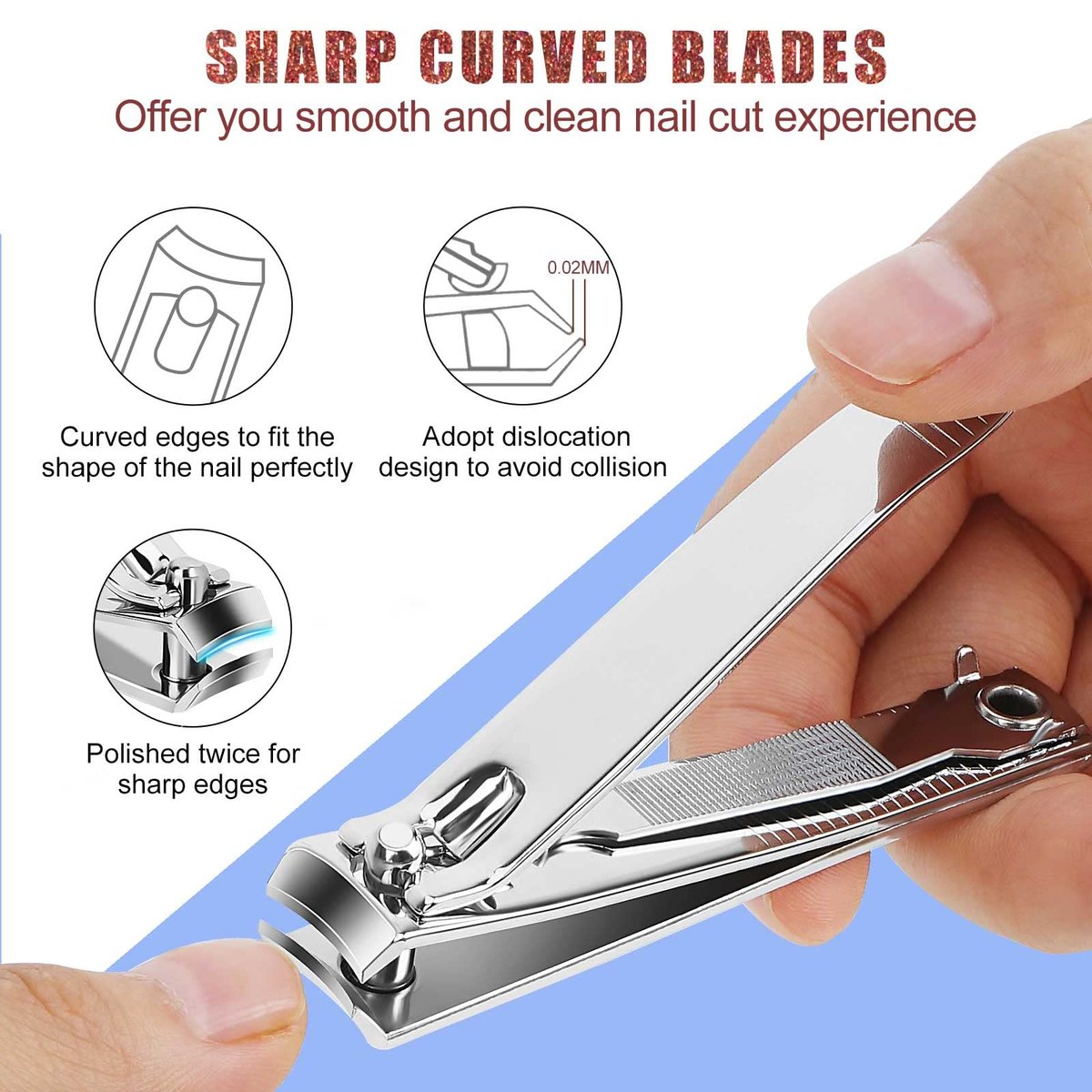 Tranchou Nail Clippers for Thick Toenails, Stainless Steel Fingernail Clippers with Sharp Curved Blades and File, Large & Small Sizes for Men, Women, Seniors - Silver - görsel 3