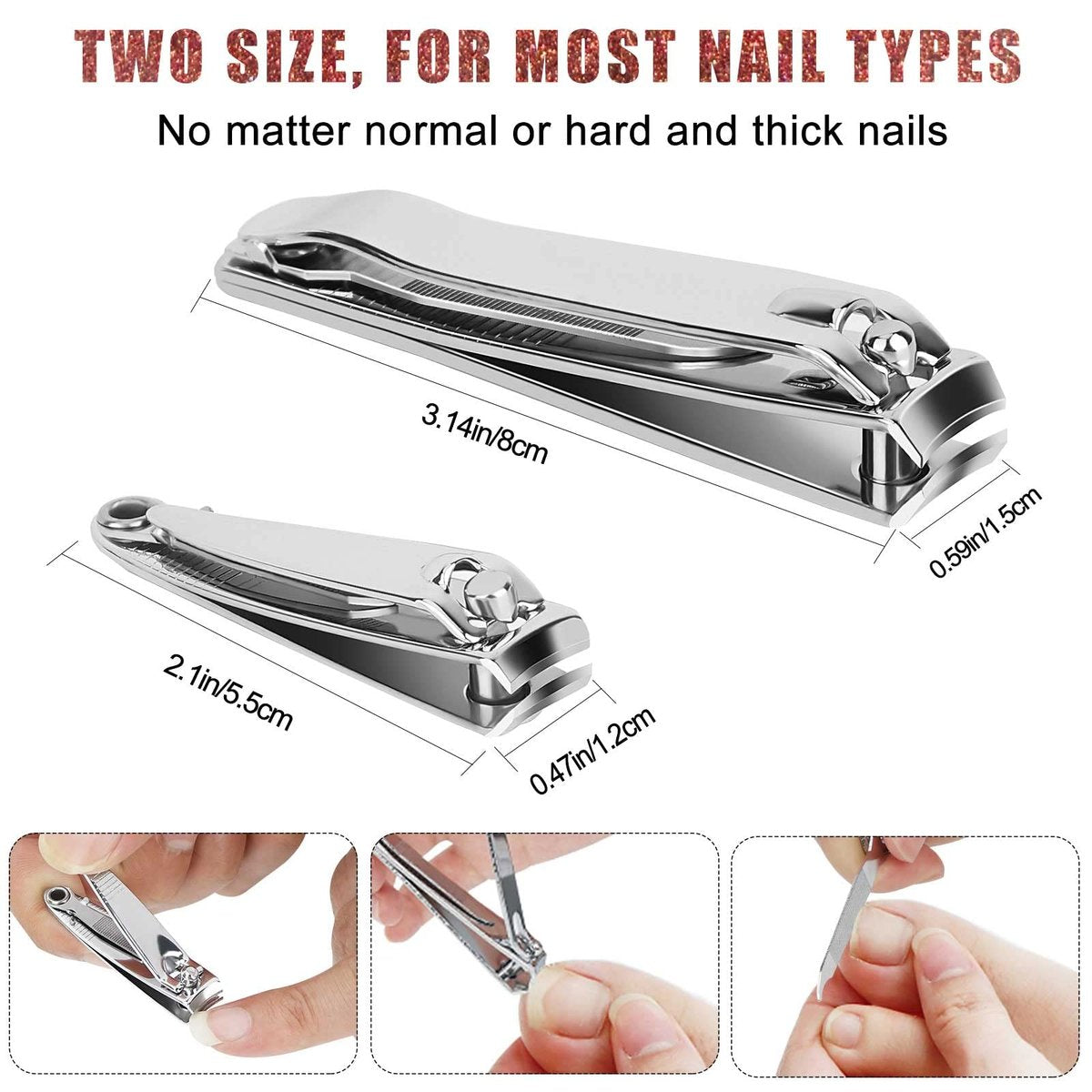 Tranchou Nail Clippers for Thick Toenails, Stainless Steel Fingernail Clippers with Sharp Curved Blades and File, Large & Small Sizes for Men, Women, Seniors - Silver - görsel 5