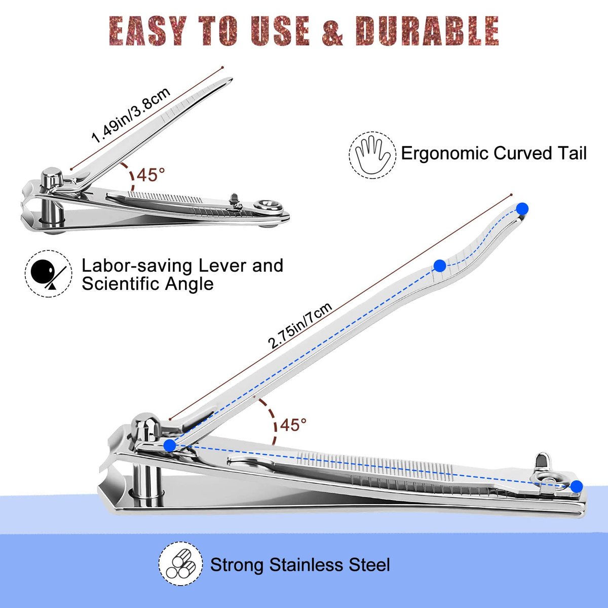 Tranchou Nail Clippers for Thick Toenails, Stainless Steel Fingernail Clippers with Sharp Curved Blades and File, Large & Small Sizes for Men, Women, Seniors - Silver - görsel 7