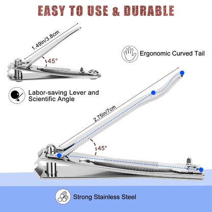 Tranchou Nail Clippers for Thick Toenails, Stainless Steel Fingernail Clippers with Sharp Curved Blades and File, Large & Small Sizes for Men, Women, Seniors - Silver