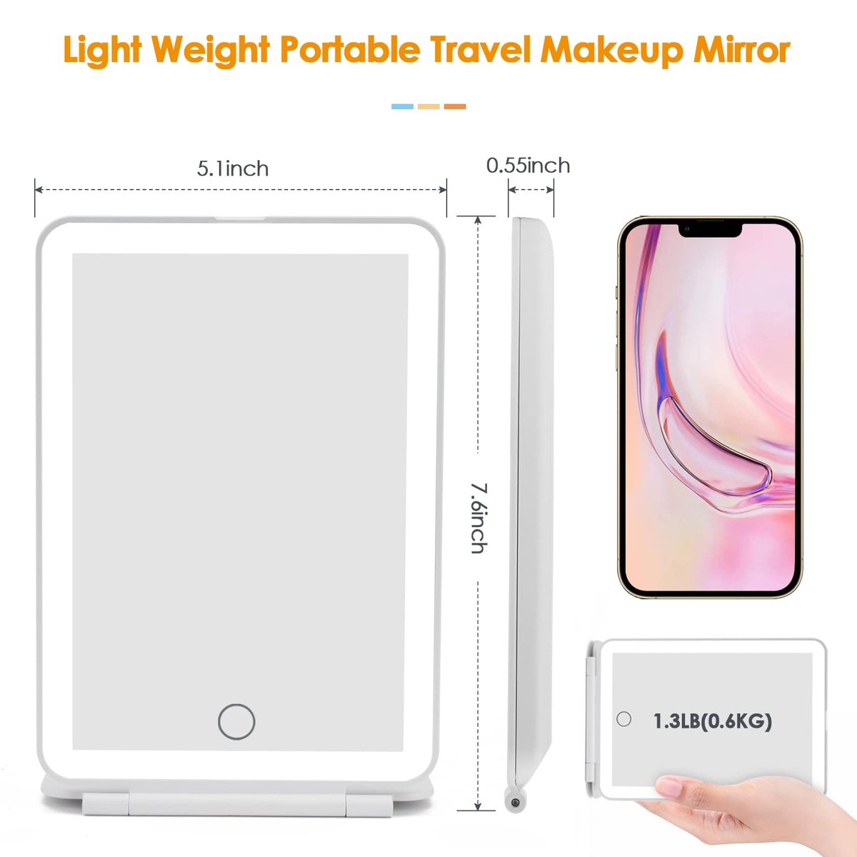 DenCert Rechargeable Travel Makeup Mirror with 72 LED Lights, 3 Lighting Modes, Dimmable Touch Screen, Slim Compact Vanity Mirror (White) Avelisse