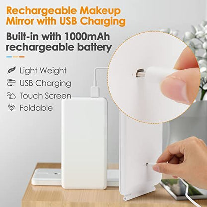 DenCert Rechargeable Travel Makeup Mirror with 72 LED Lights, 3 Lighting Modes, Dimmable Touch Screen, Slim Compact Vanity Mirror (White) Avelisse