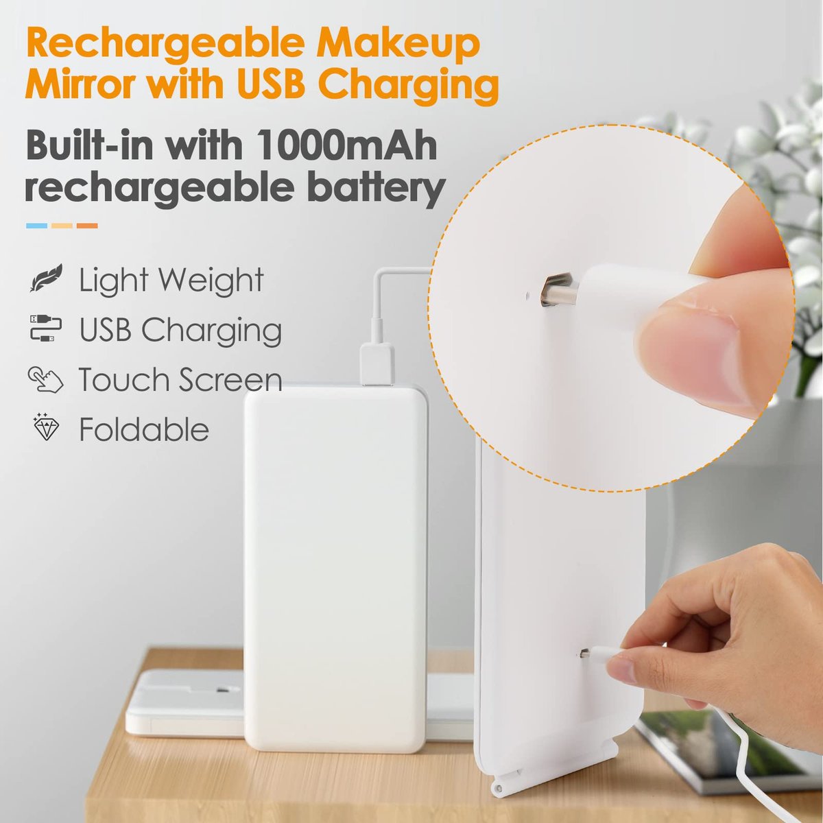 DenCert Rechargeable Travel Makeup Mirror with 72 LED Lights, 3 Lighting Modes, Dimmable Touch Screen, Slim Compact Vanity Mirror (White) Avelisse